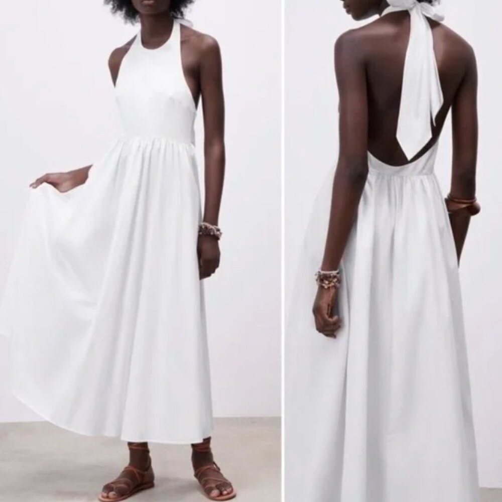 Zara White Backless Halter Midi Dress